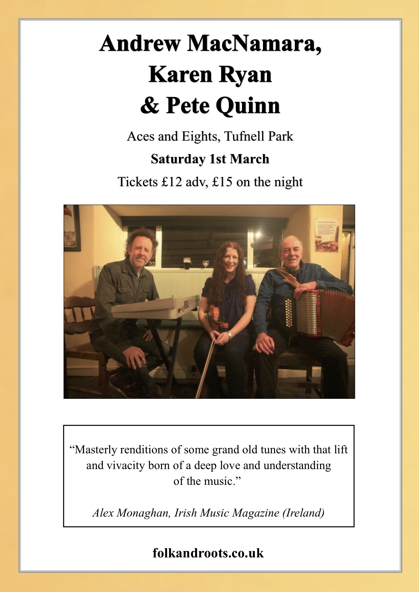 Folk&Roots Present Andrew MacNamara, Karen Ryan and Pete Quinn